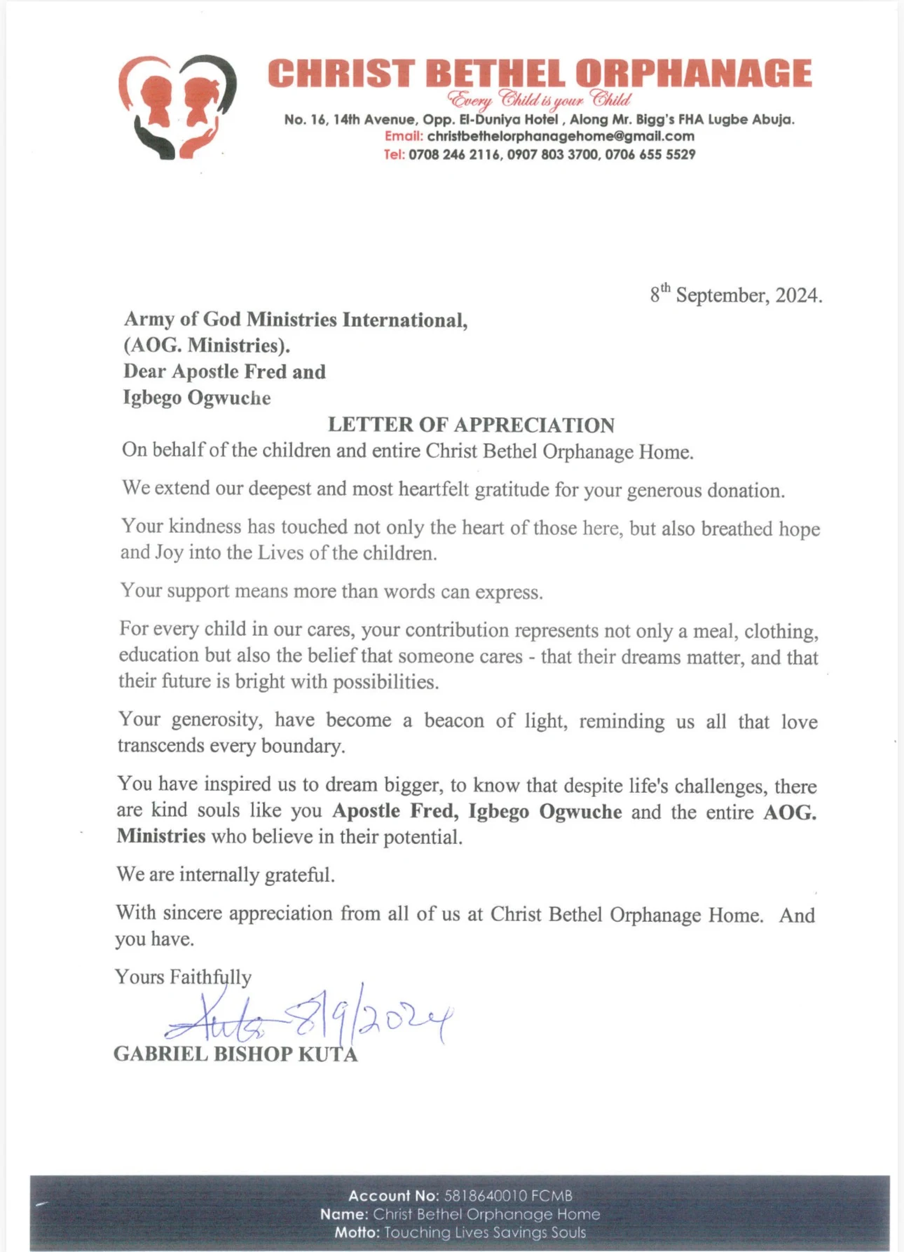 appreciation letter from orphanage for children charity support program